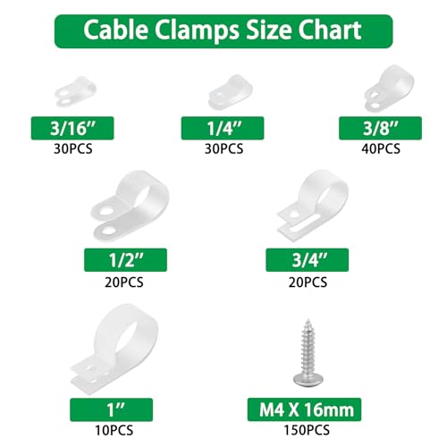 300PCS White Cable Clamps Assortment Kit, Nylon Plastic R-Type 6 Sizes 3/16'' 1/4'' 3/8'' 1/2'' 3/4'' 1'' Cable Mounting Wire Clips Fastener with M4 Screws for Wire Management - color: 300PCS White