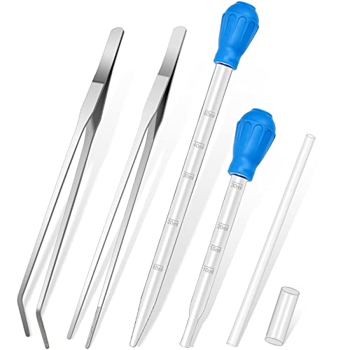 5 in 1 Aquarium Coral Feeder Kit, Luxiv 2 Pcs 60ml and 30ml Aquatic Reef Feeding Dropper with 10in Extender Pipe, 2 Pcs Stainless Steel Straight and Curved Aquarium Tweezers for Feeding Tong (Silver) - color: Silver