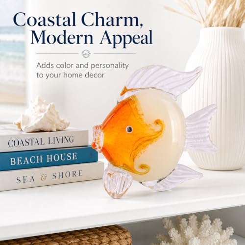 QIANLING Glass Fish Figurines - Coastal Home Decor, Modern Ocean Centerpieces for Living Room, Dining Area, Bathroom, Office, Coffee Table, Beach House, Nautical, Seaside, Entrance, Shelf Display - color: Orange & White Fish