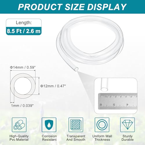 uxcell Clear PVC Tubing, 12mm ID x 14mm OD - 8.5ft PVC Tube Lightweight Vinyl Hose, Transparent Flexible Plastic Water Tubing for Air Oil Water Transfer Aquarium Irrigation - size: 12mm ID x 14mm OD