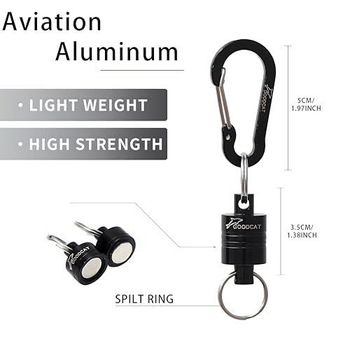 GOODCAT Strongest Magnetic Fly Fishing Net Release - Retractable Coiled Lanyard with Carabiner, Magnet Keychain Clip Retractor - color: A:Black