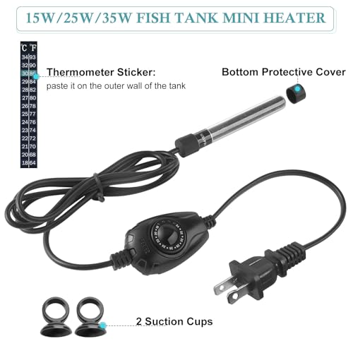 HITOP 15W Super Mini Aquarium Heater: Adjustable Heater for Small Fish Tank 1-4Gallons, with External Controller, Betta Heater for Fish Bowls(15W) - style: 15W(1-4Gal)