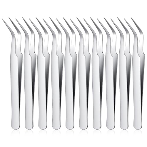 10 Pieces Tweezers for Crafting, Stainless Steel Curved Pointed Tweezers Precision Tweezer with Protective Cover for Eyelash Extensions Stickers Rhinestones Crafts (Silver) - color: Silver