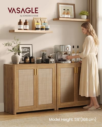 VASAGLE ELLAN Collection - Boho Buffet Cabinets with Rattan-Look Doors, Sideboard Storage Cabinet, Rounded Corners, Adjustable Shelf, for Kitchen Dining Room, Set of 2, Natural Brown UBBK345KC01-2J - color: Natural Brown (Without Drawer), size: 2 Pcs