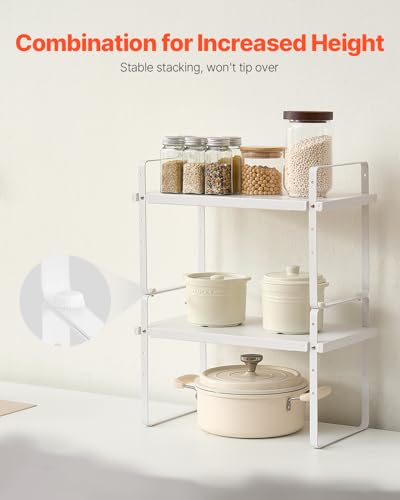 VEVOR Adjustable Kitchen Cabinet Shelf Organizer, Expandable 2 Tier Cabinet Shelf, Stackable Countertop Organizers and Storage Risers, Pantry for Kitchen Bathroom Office, White - color: White