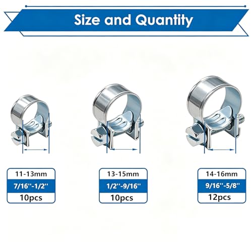 smseace 32Pcs Fuel Line Clamps Fuel Injection Hose Clamps 1/4inch 5/16inch 3/8inch Zinc Plated High Pressure Hose Clamps For Diesel/Petrol Pipe in Automotive,Marine,Truck - size: 11-16mm
