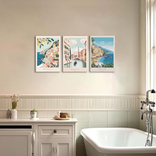 XLARTMY Italy Amalfi Coast Travel Posters Wall Art Framed Canvas Decor City Landscape Blue Venice Coast Painting Beach Modern Artwork for Living Room Bedroom Bathroom Office Set of 3 16x24in - color: Travel Coast, size: 16x24in Canvas