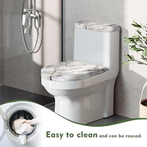Toilet Lid Cover and Toilet Tank Lid Cover 2 PCS, with Elastic Edges Bathroom Decor Accessories Fit for Most Round Elongated and Oblong Lids, White Grey Marble - color: White Grey Marble