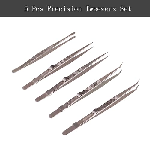 5Pcs Precision Tweezers Set, Flat/Pointed/Curved Angled Locking Long Tweezers for Crafts, Medical Surgical, Lab, Soldering, Jewelry Crafting, Watch & Electronics/Car Repair,Splinter Removal