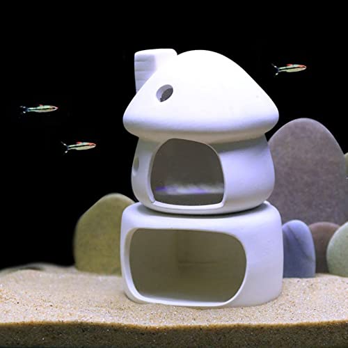 Ceramic Mushroom with Betta Hideout Cave Aquarium Decorations, Cute Fish Tank House with Cave Set for Amano Shrimp Cichlid Bonsai Goldfishes to Play, Hide and Rest - White - color: White Set