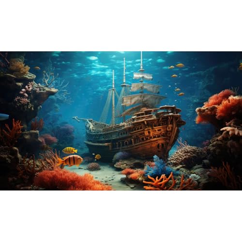 Sunken Pirate Ship Aquarium Background Under The Sea Pirate Shipwreck Fish Tank Background Underwater Ocean Seabed Coral Reef Terrarium Backgrounds Tropical Sea Aquarium Tank Backgrounds 24x12in - color: Purple_Blue, size: 24(W)x12(H)inches/ 60(W)*30cm(H)