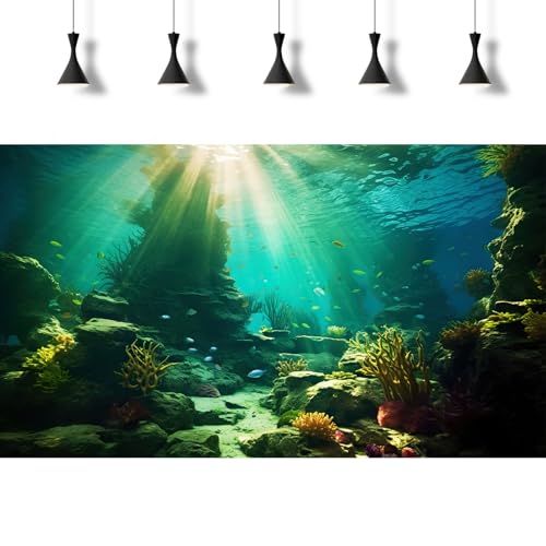 Ocean Floor Fish Tank Background Under The Sea Coral Reef Aquarium Background Tropical Fish Terrarium Backgrounds Underwater Rock Cave Sunray Fish Tank Backgrounds Decorations 24x12in - color: Dark Blue, size: 24(W)x12(H)inches/ 60(W)*30cm(H)