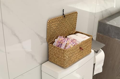 DOKOT Rectangular Handwoven Seagrass Small Storage Basket with Lid for Shelves and Home Organizer Bins,S (10.2"x5.5"x4.3"H), Natural - size: S (10.2"x5.5"x4.3"H)