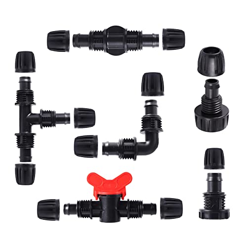 16 Pcs 1/2 inch Tubing Irrigation Fittings Kit, For (1/2" ID x0.6-0.63" OD) 16mm Drip Tubing Barbed Locked Nuts Connectors 2 Ends,2 Elbows,2 Switch Valves,2 US Standard Adapters,4 Tees 4 Couplings - size: 1/2 inch Irrigation Fittings kit