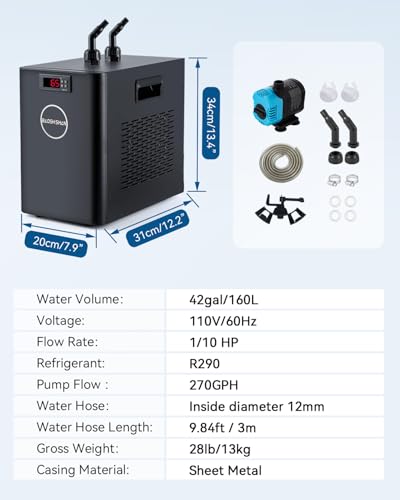 BAOSHISHAN 1/10 HP Aquarium Chiller 42 Gallon 160L Water Cooling System | Quiet Compressor Refrigeration, Includes Pump and Tubing, 110V, Ideal for Hydroponics, Axolotl and Reef Tanks - size: 160L