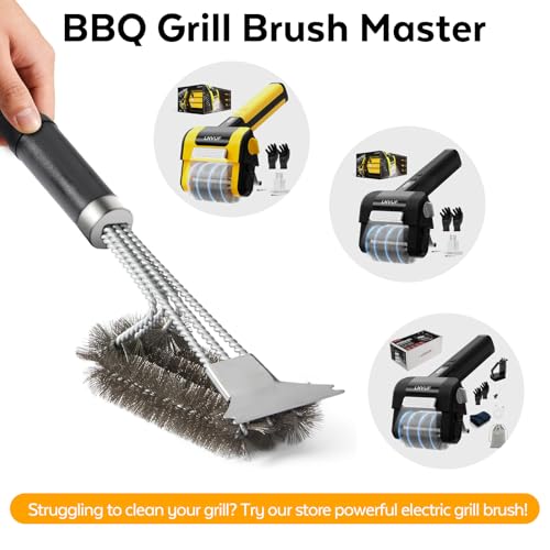 Grill Brush with Detachable Handle, Non-Slip BBQ Grill Brush for Outdoor Grill, 18 Inch Stainless Steel Grill Cleaning Brush with Scraper, Space Saving Grill Cleaner for Gas/Charcoal Grates