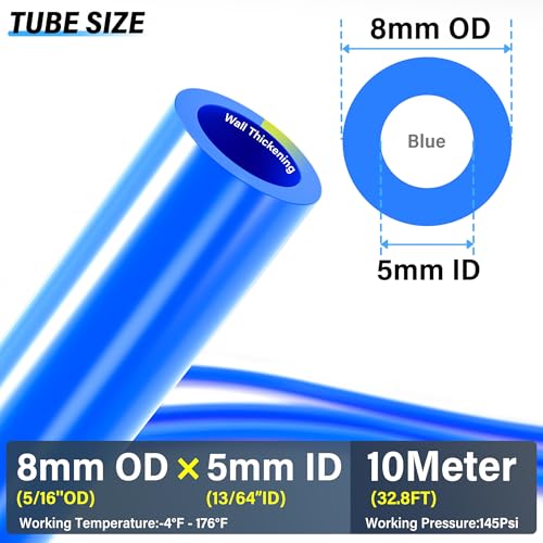TAILONZ PNEUMATIC Blue 8mm or 5/16 OD 5mm ID Polyurethane PU Air Hose Pipe Tube Kit 10 Meter 32.8ft - color: Blue, size: 8mm OD/32.8ft/10m