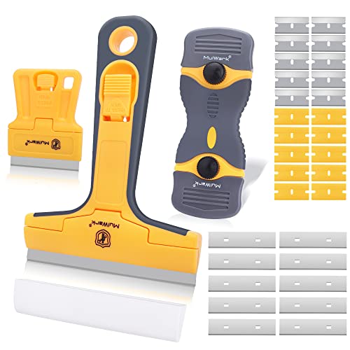 MulWark Razor Blade Scraper Tool Set, 3-Piece with 30 Replacement Blades - Heavy-Duty Cleaning Tool, Standard & Mini Scrapers for Decals, Stickers, Paint, Caulk, and Adhesive Removal - style: 3 Pieces Razor Blade Set with 30PCS Blades