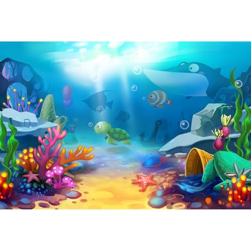 Undersea Aquarium Background Cartoon Underwater Tropical Fish Coral Reef Terrarium Backgrounds Under The Sea World Theme Fish Tank Background Turtle Shark Blue Sea with Sunbeams Tank Decors 24x12in - color: Cartoon Blue, size: 24(W)x12(H)inches/ 60(W)*30c
