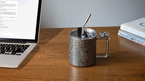 Sky Fish 3D Etching Novelty Coffee Mugs Stainless Steel Beer Travel Mugs Water Cup for Cold Beverage Drink Funny coffee tumbler with Rotating Bearing Handle with Lid and Straw,Dark Gray, 12oz