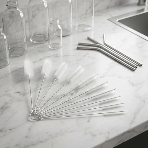 Mini Straw & Pipe Cleaning Nylon Brushes | 10 Brush Set | 8 inch Length | Flexible, Non-Scratch, Rust-Resistant Steel Handle | Reusable Straws, Pipes, Tubes, Mini Bottles etc