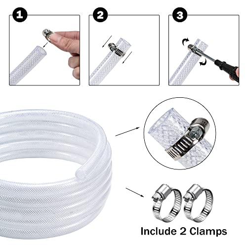 DAVCO 1/2" ID - 10 ft Heavy Duty Braided Clear Plastic Vinyl Tubing, Flexible High Pressure Reinforced PVC Plastic Tube Hose, Non-toxic, BPA Free, with 2 Stainless Clamps - size: 1/2"ID, style: 10 Feet