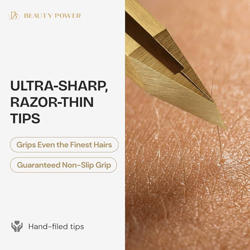 Beauty Power Tweezers for Women Facial Hair: Ultra Precision Tweezers for Women & Men, Sharp Slant Tweezer for Eyebrows, Ingrown Hair Removal. Professional Plucker + Case, German Stainless Steel Gold - color: Gold