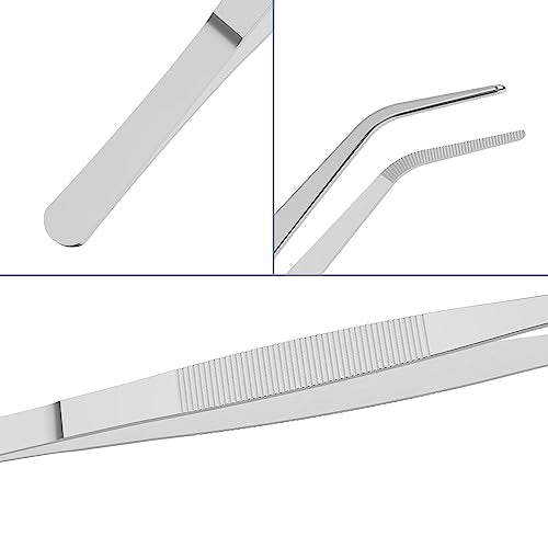 2 PCS 5 Inch Stainless Steel Tweezers with Curved Pointed Serrated Tip, Perfectly Aligned, 3/64 Inch Thickness Stainless Steel, Multipurpose Daily Garden Home Lab Craft Repairing Tool