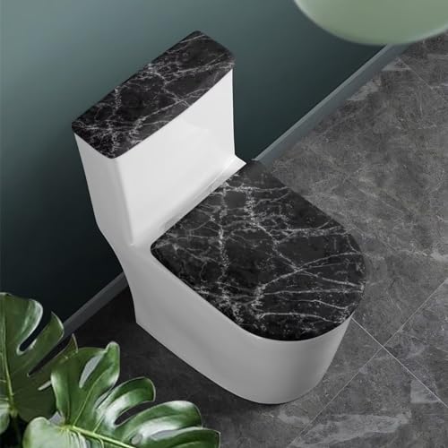 Bathroom Toilet Tank Lid Cover and Toilet Seat Lid Cover 2 Pcs Set, Easy to Clean Toilet Mat Protective Cover Home Indoor Bathroom Decoration Universal Fits, Black Marble - color: Black Marble