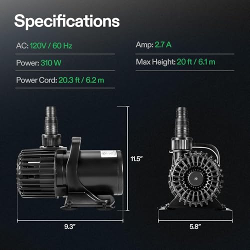 VIVOSUN 5300 GPH Submersible Water Pump, 310W Pond Pump, Ultra Quiet Aquarium Pump with 20FT. Lift Height for Pond Waterfall, Fish Tank, Statuary, or Hydroponics - size: 310W without Barrier Bag