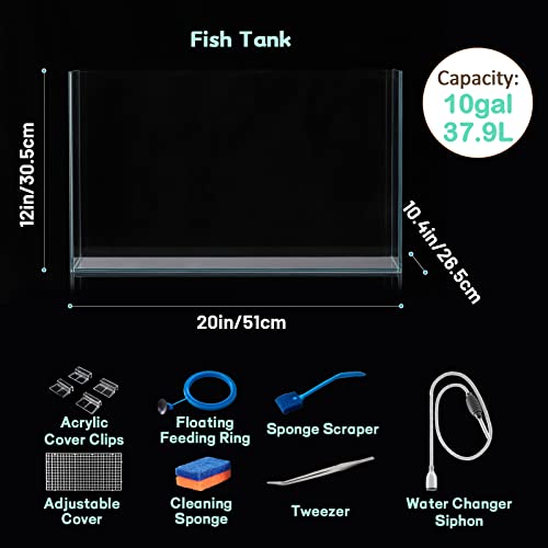 10 Gallon Ultra Clear Glass Fish Tank, Rimless Low Iron Aquarium for Betta/Nano/Goldfish/Snail/Shrimp, Big Fish Tank & Cover Set & Feeding Ring & Cleaning Tools - color: 10 Gal