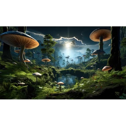 Fantasy Mushrooms Landscape Aquarium Background Tranquil Stream Cloudy Sky Terrarium Background Lush Green Tropical Plants Trees Fish Tank Backdrop Decoration Tank Background Poster 30x12in - color: Green Grey, size: 30(W)x12(H)in