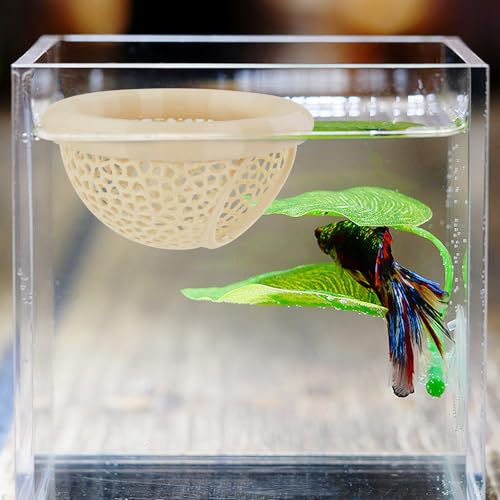 WishLotus Floating Betta Hideout, Aquarium Fish Cave 3D-Printed Shrimp Hide Multi-Functional Fish Tank Cave with 1 Betta Leaf Aquarium Hammock for Shrimp Small Pets (Beige, M)