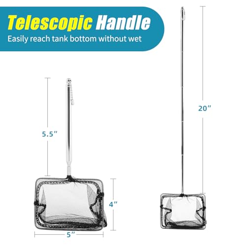 AQUANEAT Aquarium Net with Extendable Long Handle, Adjustable Wastes Skimming Cleaning Tools for Fish Tanks, 5 inch - size: 5 Inch