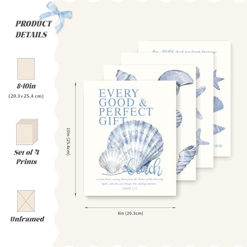 LARTSFRO Beach Ocean Blue Christian Bible Wall Art Decor Posters, Coquette Shells Christian Room Bathroom Bedroom Dorm Wall Art Decor Aesthetic for College Teen Girls Gifts, Inspirational Bible Verses Wall Decor, 10x8 Inch Set of 4 Pcs Summer Beach Pictur