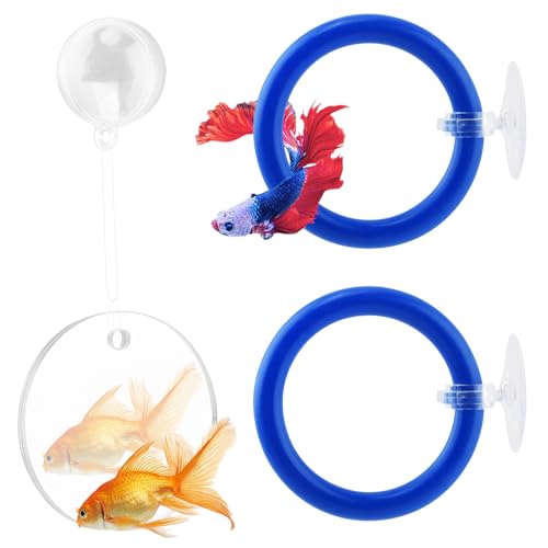 2pcs Bettas Fish Enrichment Toys Ring, with Mirror/Floating Ball, Exercise Floating Mirrors and Training Ring for Fish Tank, Aquarium Feeding Rings Accessories - color: blue
