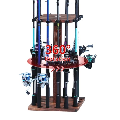 360° Rotating Fishing Rod Holder, Natural Wooden Fishing Pole Rack Stores 16 Rods, Floor-Standing Fishing Rod Storage Organizer with Rounded Clips for Garage, Basement, or Shed, Easy to Install - color: Brown, size: Square