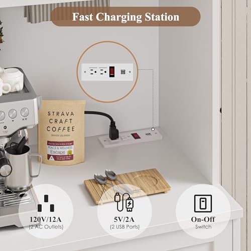 HOSTACK 75.4" Tall Kitchen Pantry Cabinet with Charging Station, Modern White Kitchen Hutch with Microwave Stand and Wine Racks, Large Food Pantry Storage Cabinet with Glass Doors and Drawers, White - color: White