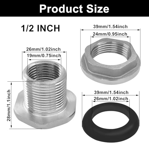 Murtenze 1/2" Bulkhead Water Tank Connector, Stainless Steel Water Tank Fitting Thru-bulk Adapter, Water Pipe Connector for Rain Barrels/Aquariums/Water Tanks - size: 0.5 Inch