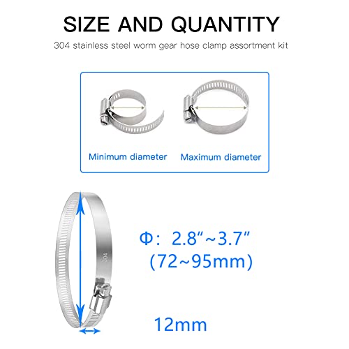 Quickun 10Pcs 3" Stainless Steel Hose Clamp Worm Gear Clamps Adjustable 2.8"-3.7"(72-95mm) Range, Fuel Line Clamp for Water Pipe, Hose Clips, Automative and Mechanical Application - size: 2.80"-3.70"