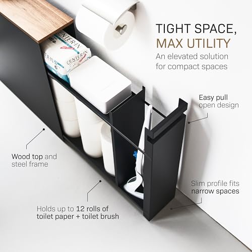 YAMAZAKI Home Pull-Out Bathroom Storage Cabinet – Slim Bathroom Storage Cabinet with Wood Top, Steel Organizer for Toilet Paper and Cleaning Supplies, Modern Space-Saving Design, Black - Steel + Wood - color: Black