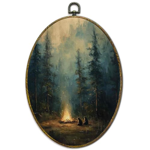 XFCICRLJ Vintage Camping Bear Forest Wall Art Decor, Dark Forest Oval Canvas Prints Framed, Moody Cottagecore Campfire Bear Wall Art Decorations for Home Bedroom Living Room Decor, 11x8.5 Inch - color: Camping