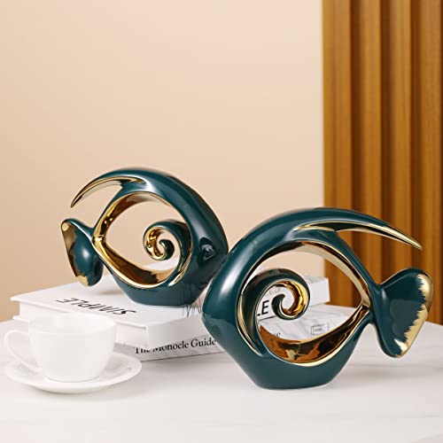 Green Gold Ceramic Fish Figurines - Coastal Home Decor, Modern Ocean Centerpieces for Living Room, Dining Area, Bathroom, Office, Coffee Table, Beach House, Nautical, Seaside, Entrance, Shelf Display - color: Green, size: Large