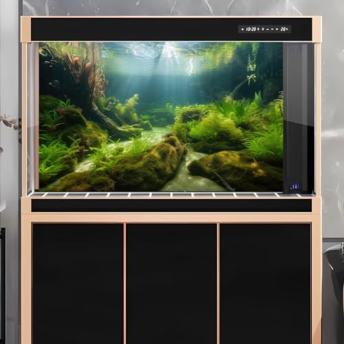Underwater Aquarium Background Underwater Aquatic Plants with Sunbeams Fish Tank Background Rock with Lush Moss Terrarium Background Aquarium Backdrop For Tank Decorations Poster Vinyl 36x18in - color: Moss Green, size: 36(W)x18(H)in