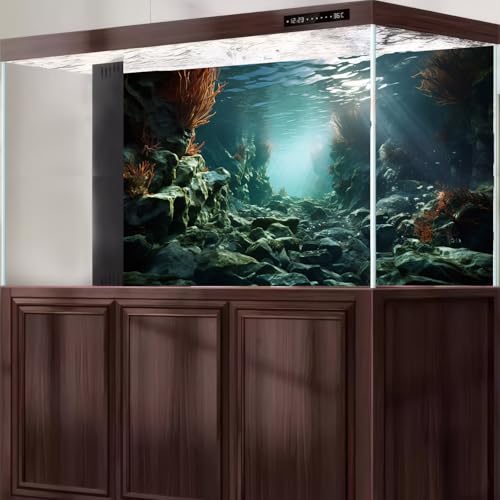 Under The Sea Aquarium Background Underwater Coral Reef Aquatic Plants Fish Tank Background Undersea Cave Marine Life Sunray Terrarium Backgrounds Ocean Floor Scene Reptile Tank Backgrounds 24x16in - color: Blue_Grey, size: 24(W)x16(H)in