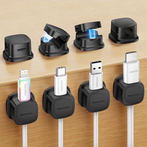 8 Pack Magnetic Cable Clips, Rocoren Under Desk Cord Holder Cable Management-1s Lock, Adhesive Cord Cable Clip Wire Holder Keeper Organizer for Phone Car Home Office Desk Wall Desktop Nightstand - color: Black