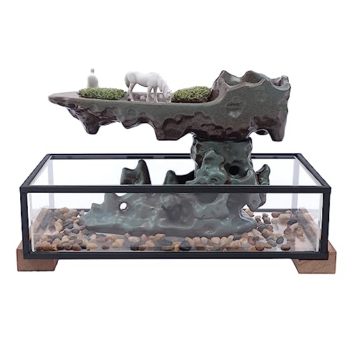 Desktop Rockery Waterfall Fountain with Rockery & Fish Tank, Indoor Water Fountain Tabletop Waterfall Decoration for Gift Home Decor Office Bedroom, 16.9" L*8" W*8.1" H