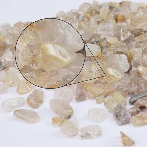 gemshan 2lb Natural Crushed Crystal Chip Bulk 7mm-9mm Tumble Healing Crystal Stone for Aquarium Vase Plant Decoration Jewelry DIY (Rutilated quartz) - color: Rutilated quartz