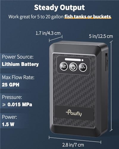 Pawfly Aquarium Lithium Battery Powered Air Pump USB Rechargeable Oxygen Pump Portable Live Bait Aerator Pump for Outdoor Fishing and Fish Transportation - size: 5 to 20 Gal（1.5 W）