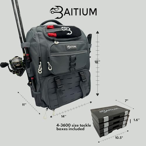 Baitium Fishing Backpack, Tackle Bag With Rod Holders, 40L Capacity With Cooler, Rain Cover, Insulated Pocket, 4 Tackle Trays Included - (Grey) - color: Grey